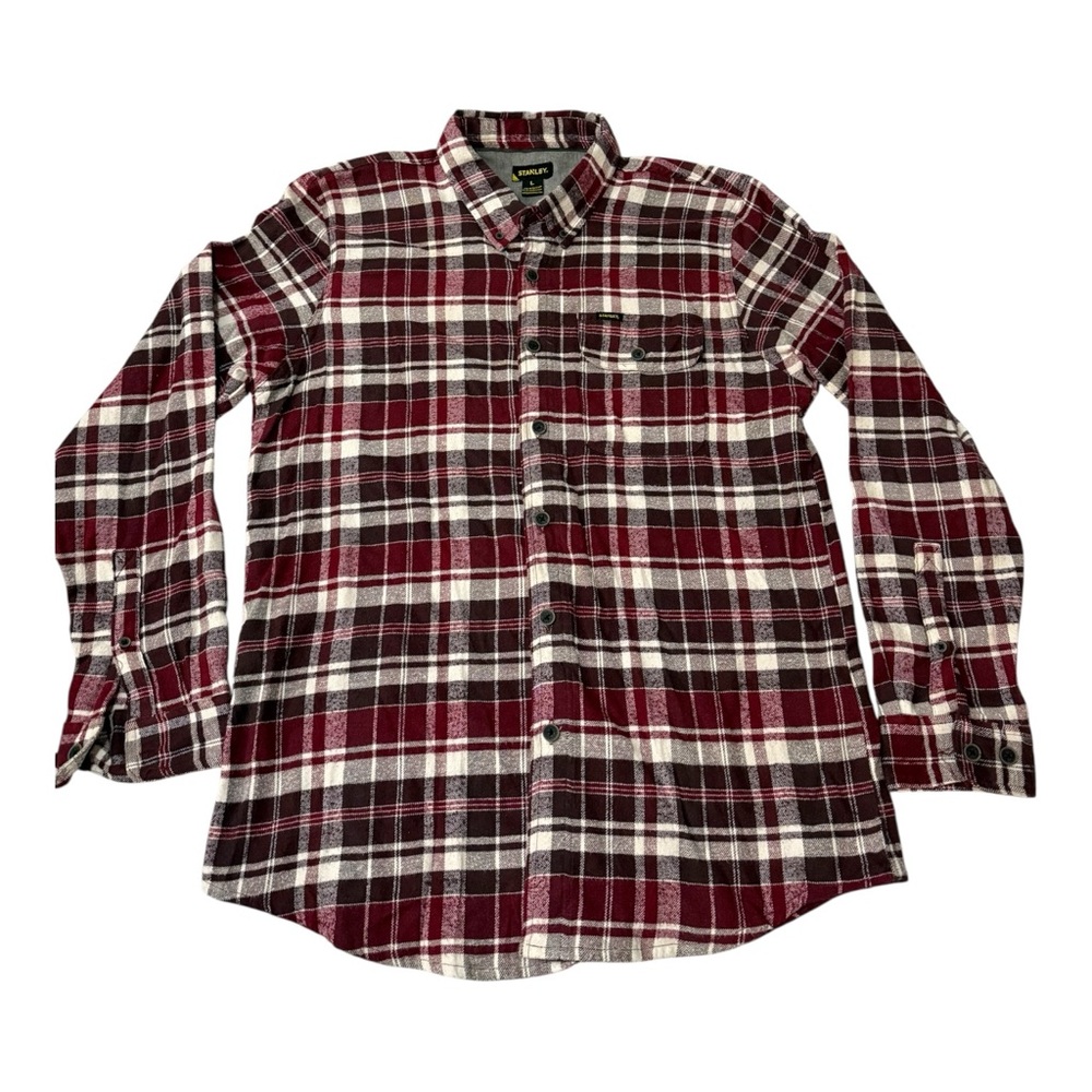 Stanley Plaid Flannel Shirt Men’s Large Red Brown Cotton Blend Button Up